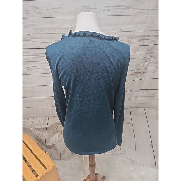 Talbots Women’s Medium Cardigan Sweater Silk Cotton Green Ruffles Long Sleeves - Picture 3 of 8